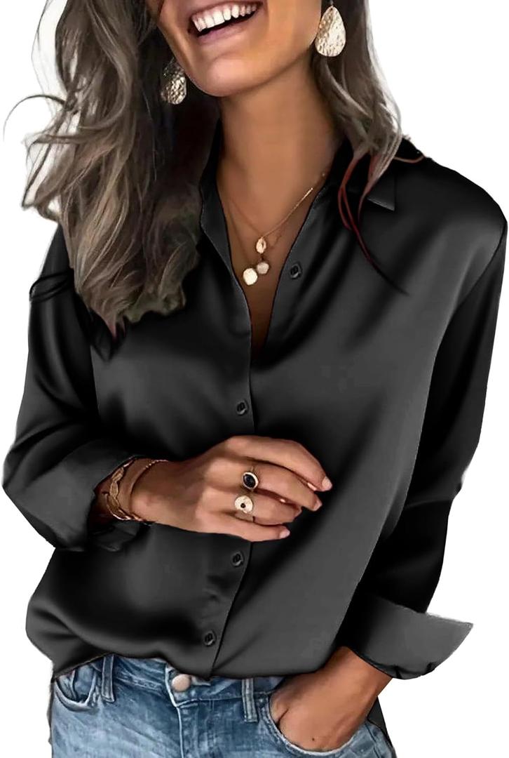 Zeagoo Satin Blouses for Women Silk Button Down Shirts Long Sleeve Business Casual Tops (Black, XL)