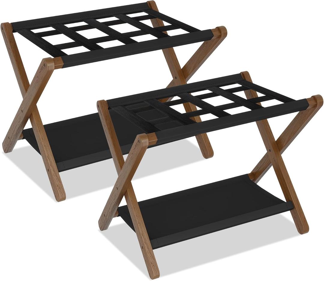 Heybly Luggage Rack, Pack of 2, Folding Suitcase Stand with Storage Shelf, Heavy-Duty Luggage Holder for Guest Room Bedroom Hotel, Holds up to 165 lb, Walnut, HLR010WB2