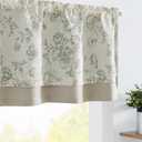 jinchan Linen Floral Valance Double Layer Kitchen Window Curtain Green Flower on Beige Valance for Living Room Cafe Farmhouse Light Filtering Rustic French Country Sage 18 Inch Rod Pocket 1 Panel