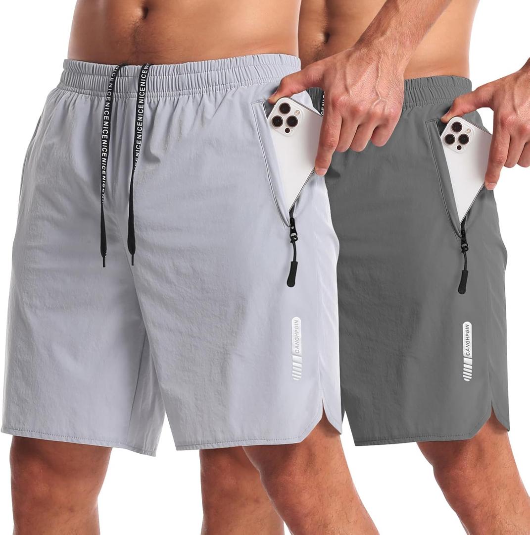 CANGHPGIN 2 Pack Mens Workout Athletic Shorts 7 inch Inseam Quick Dry Hiking Shorts Men Lightweight Sports Gym Shorts Running (L)