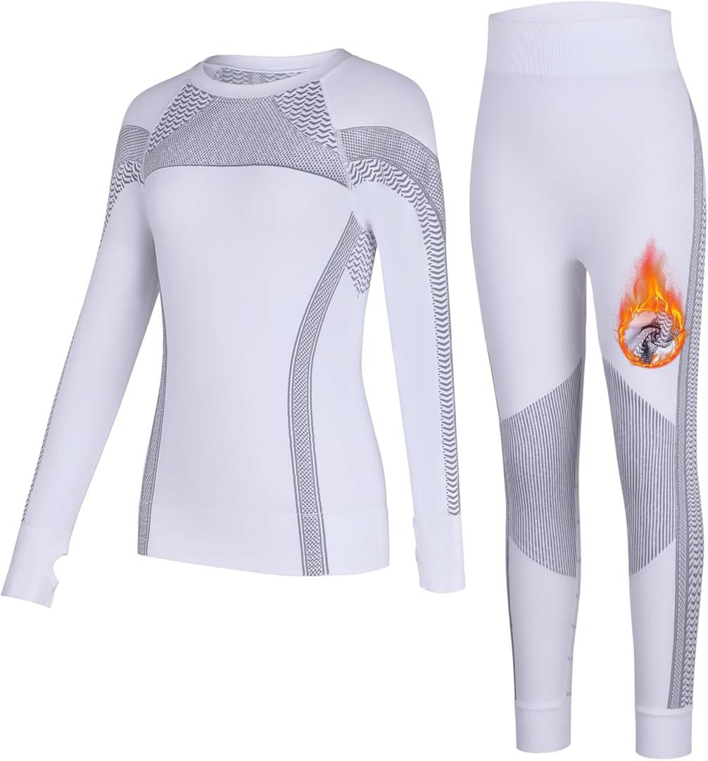 beautyin Seamless Thermal Underwear for Kids Athletic Long Base Layer Girls Boys Top Bottom Set with Thumbhole (7-8 Years, White/Grey)