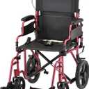 NOVA Lightweight Folding Transport Chair Aluminum Travel Wheelchair with Flip-Up Desk Arms, One-Grip Locking Handbrakes, 8 Front & 12 Rear All-Terrain Wheels Supports Adults Up to 300 lbs Red