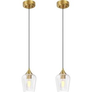 VONLUCE Pendant Lights Kitchen Island, Brushed Gold Pendant Light Fixtures with E26 Base & Adjustable Cable, Modern Pendant Lighting with Glass Shade for Living Room Bedroom Hallway, 2 Packs