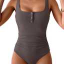 B2prity One Piece Swimsuit for Women Tummy Control Ruched Slimming Bathing Suit Button Full Coverage Swimwear (Medium, Coffee Brown)