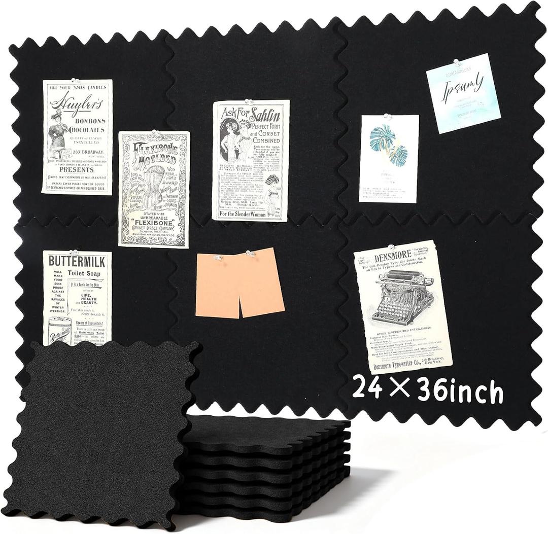 Wave Shaped Large Cork Board for Wall 36" x 24" Black Bulletin Board 6 Pack Felt Wall Tiles Self-Adhesive Removable Soft Wooden Boards for Home Office
