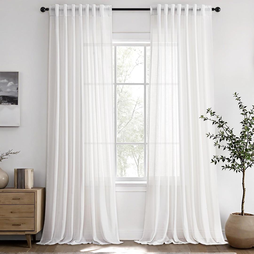 ANRODUO Pure White Linen Curtains 102 Inches Long 2 Panels Light Filtering Sheer Back Tab Rod Pocket Drapes Cotton Linen Textured Window Curtain 102 Inch Length for Bedroom Patio Sliding Glass Door