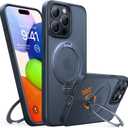 TORRAS Upgraded 360 Spin Magnetic Stand for iPhone 15 Pro Case, Fit for MagSafe, Builtin Kickstand & Ring Holder, MilGrade Protective Soft Edge Translucent Case for iPhone 15 Pro, Black 6.3''