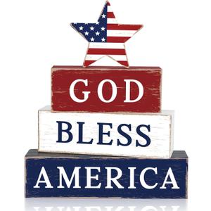 4th of July Decorations Memorial Day Table Sign Independence Day Table Centerpieces Indoor Wood Patriotic Americana Tiered Tray Decor Desk Block Veterans Day for Home Office Shelf 250th Anniversary