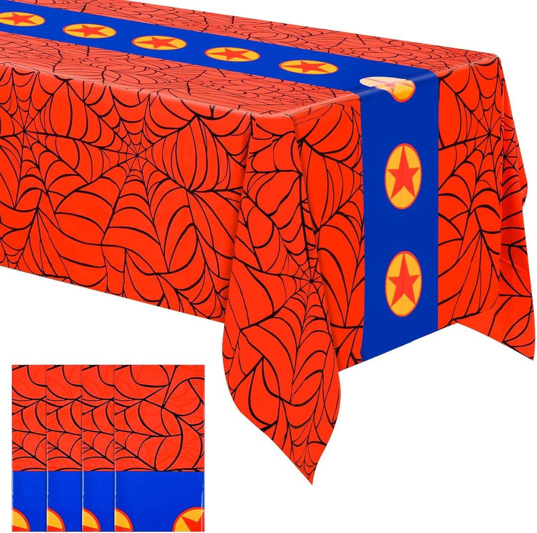 4 Pcs Spider Theme Tablecloths - 54x108 Inch Disposable Plastic Table Covers Rectangular Tablecloth for Birthday & Halloween Parties, Red & Blue with Hero Star