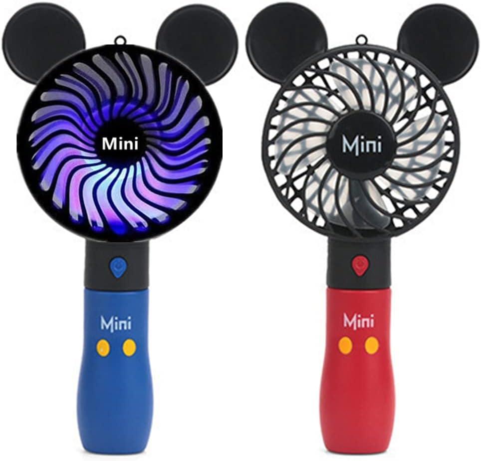 Cute Personal Mini Fan, Handheld & Portable USB Rechargeable Fan with Beautiful LED Light, 3 Adjustable Speeds, Portable Holder, for Indoor Or Outdoor Activities, Cute Mouse (Red+Blue)