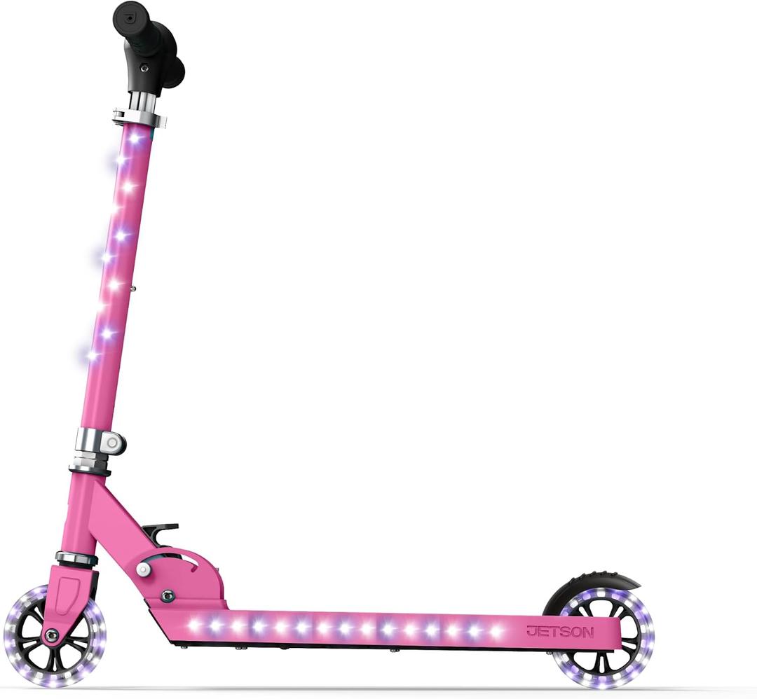 Jetson Jupiter Kids 2-Wheel Light-Up Kick Scooter, LED Lights on Handlebar, Stem, Wheels & Deck, Adjustable Handlebar, Rear Brake, Easy-Folding Mechanism, Ages 5+,  Jupiter Pink