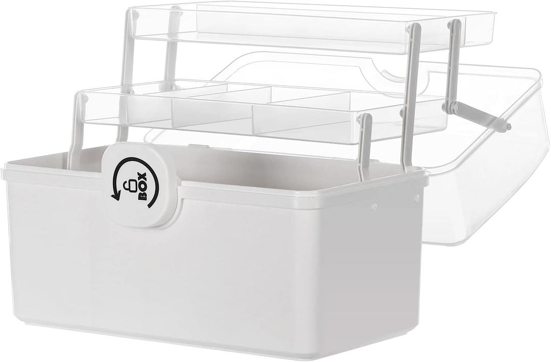 Sooyee Craft Organizers and Storage,Plastic Box with 3-Tier Fold Tray and Handle,Portable Lockable Container for Arts, Crafts,Cosmetic, Sewing, Toy, Washi Tape, Lego,13.4x7.5x8.9 in,Clear/White