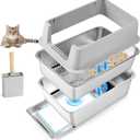 Stainless Steel Litter Box, 23.6" L x 15.7" W Drawer Type Semi-Enclosed Cat Litter Box with Sifting Pan, Scoop for Big Cat Easy Cleaning