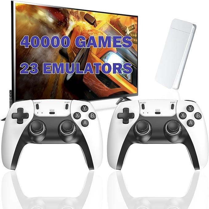 Wireless Retro Game Console Stick with 40000+ Games, Video Game Console 23+ Emulators Classic Games, 4K HDMI Output for TV, Plug & Play Retro Gaming Stick with Dual 2.4G Controllers White