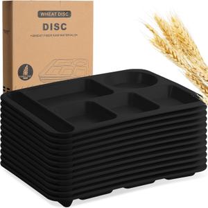 Pinkunn 12 Pcs 14'' Large Divided Plates Unbreakable Wheat Straw Lunch Trays 6 Compartments Cafeteria Trays Microwave Dishwasher Safe Food Separator Plates (Black)