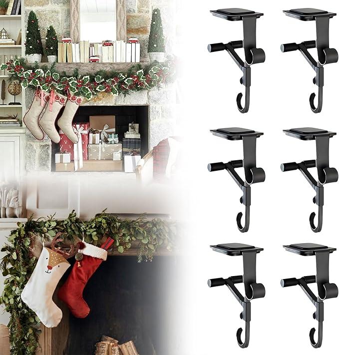 Fireplace Garland and Stocking Hanger 6-Pack, No-Drill Mantle Hangers, Adjustable Clip for 3-7 Inch Mantles, 20LB Load Capacity, Non-Slip Design Mantle Garland Holder (Black)