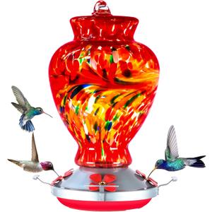 Hummingbird Feeder, 32 Ounces Glass Hummingbird Feeders for Outdoors Hanging Ant and Bee Proof, 4 Feeding Metal Stations with Perch and Moat, Ant Moat Hook, Rustproof Base Advtim (Red)