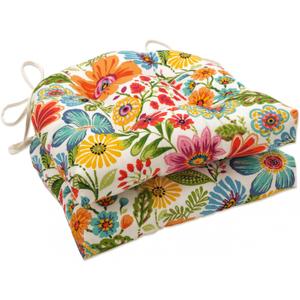 Pillow Perfect Bright Floral Indoor/Outdoor Tufted Wicker Chair Pad with Ties, 15.5" x 16", 2 Count, Blue/Purple Gregoire