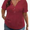 VISLILY Plus-Size-Summer-Tops for Women Henley V Neck T Shirts Short Sleeve Buttons Up Tunics Dressy Eyelet Blouses, 3XL