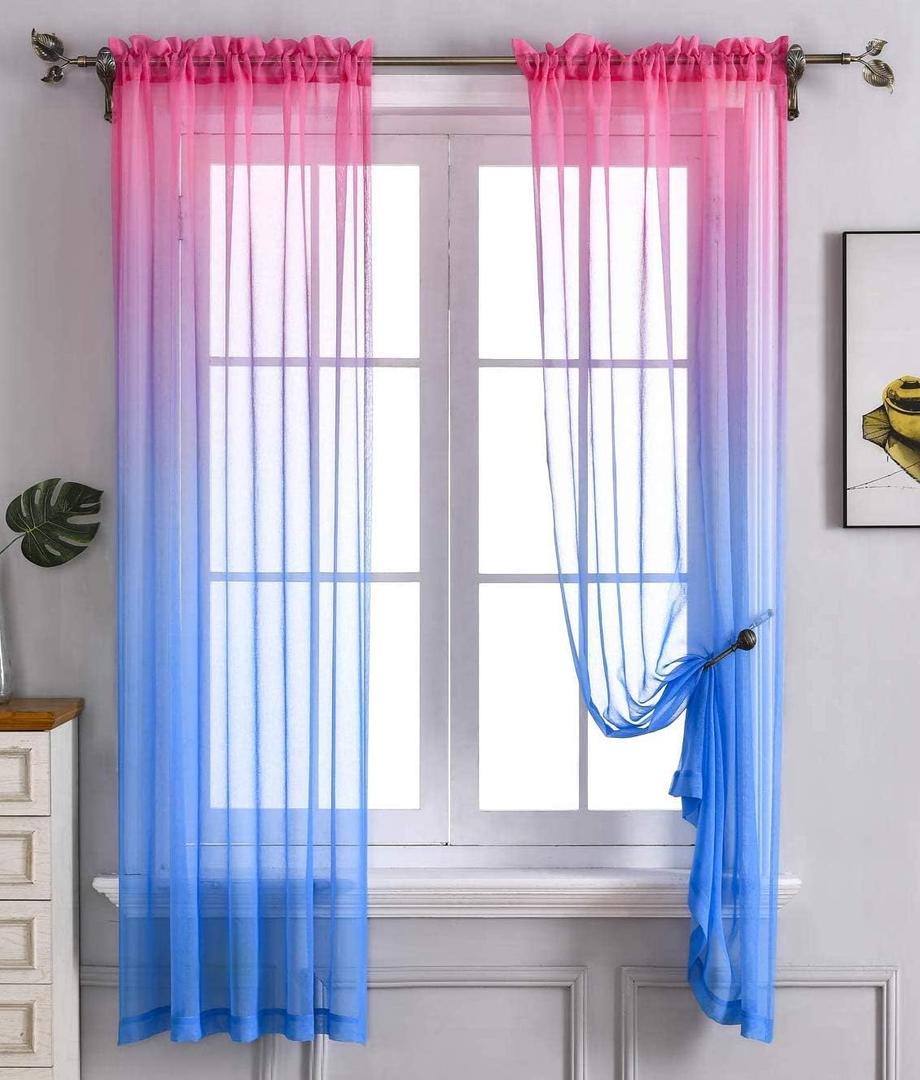 WPM WORLD PRODUCTS MART Pink Blue Ombre Sheer Curtains for Kids 2 Panels Rod Pocket Bedroom Window Curtains Semi Voile Drapes Faux Linen Dcor for Livingroom Room (Pink and Blue, 54 x 84 Inch)