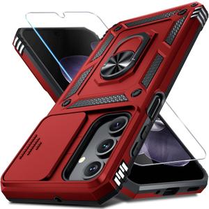 Janmitta Compatible with Samsung Galaxy A16 5G/4G Case Built in Slide Camera Lens Cover+Screen Protector+Finger Ring Holder Kickstand,Heavy Duty Shockproof Full Body Phone Cover,2025 Red