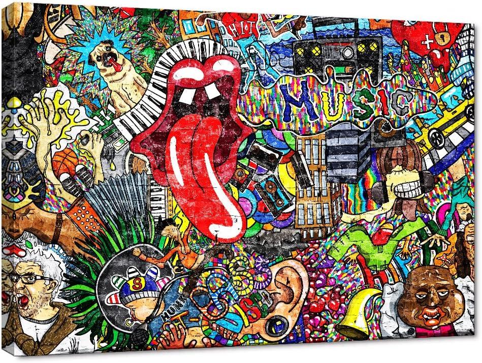 Graffiti Paintings Canvas Colorful Wall Art Living Room Decor Pictures Music Collage on Brick Wall Contemporary Home Decor Modern Artwork Posters and Prints Framed Ready to Hang (44''W x 28''H)