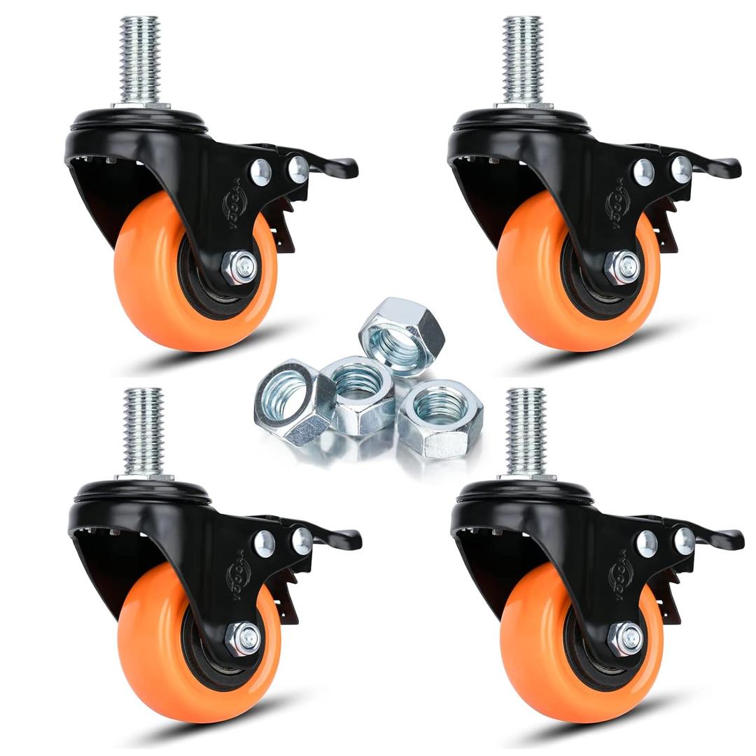 2 inch Stem Caster Wheels 1/2"-13 x 1(Stem Diameter 3/8", Stem Length 1") Threaded Casters Set of 4 Heavy Duty 600 lbs Industrial Castor Safety Smooth Quiet Caster with Brakes Wheels