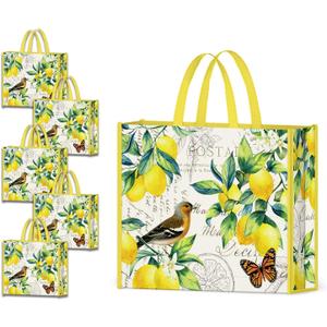 NymphFable 5 Pack Reusable Shopping Bags Lemons Bird Butterfly Washable Grocery Bags Fabric Tote Bag
