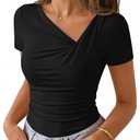 ZESICA Womens Summer Asymmetrical T Shirts Ruched Fitted Y2K Going Out Tops 2026 Spring Fashion Outfits Casual Work Blouse, Black, Small