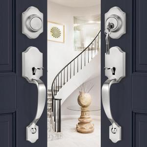 Goldenwarm Double Front Door Lock Set, Brushed Nickel Double Door Handle with Dummy, Double Classic Front Door Hardware Set with Reversible Wave Handle Lever, Double Entry Door Lock Set (1 Pack)