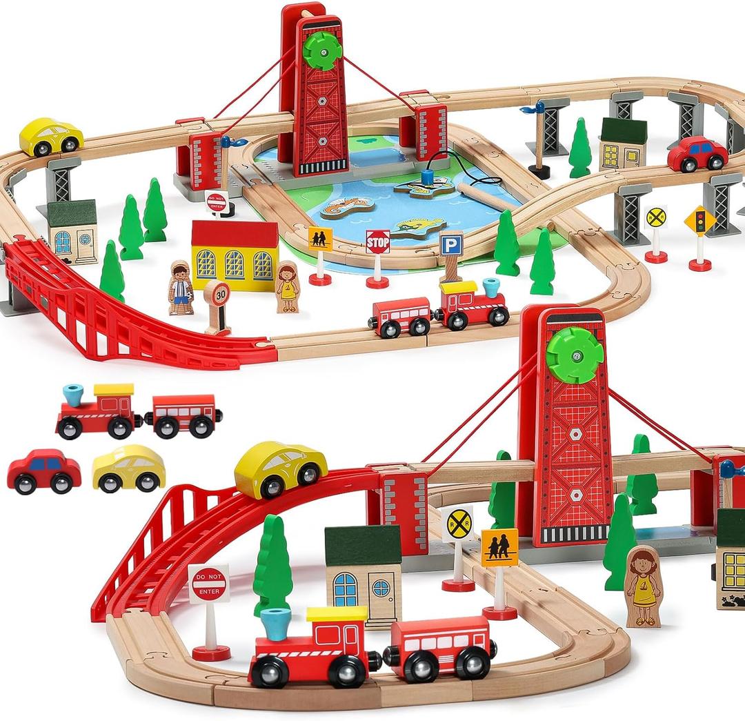 SainSmart Jr. Wooden Train Set for Toddler, Double-Side Wood Train Track with 4 Trains Fits Brio, Thomas, Melissa and Doug, Toy Railway Kit for Kids Ages 3+