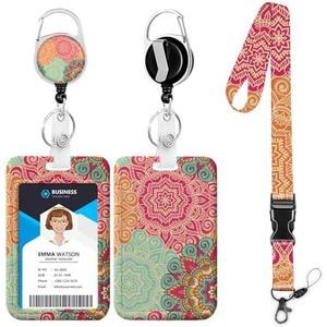 Mandala ID Badge Holder with Lanyard,Retractable Badge Holders Reels,Lanyards for ID Badges,Vintage Keychains,Badge Clips for School Office