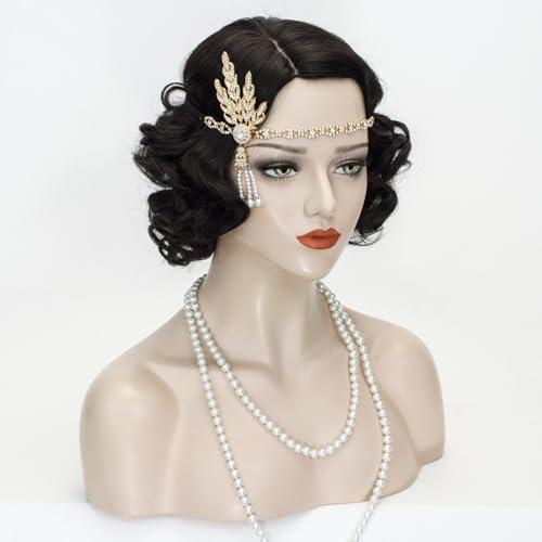 Wiggy Mermaid Black Finger Wave Wig 1920s Flapper Wigs with Headband Necklace Gloves Accessories for Roaring 20s 30s Costume Party