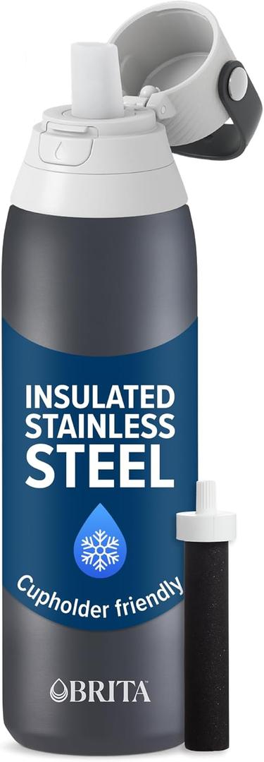 Brita Stainless Steel Premium Filtering Water Bottle, BPA-Free, Reusable, Insulated, Replaces 300 Plastic Water Bottles, Filter Lasts 2 Months or 40 Gallons, Includes 1 Filter, Carbon - 20 oz