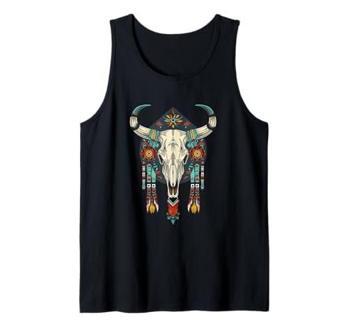 Cow Bull Skull Native American Feathers Tank Top Woman's L