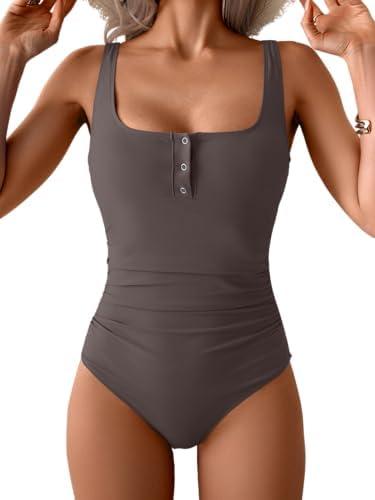 B2prity One Piece Swimsuit for Women Tummy Control Ruched Slimming Bathing Suit Button Full Coverage Swimwear, Size L