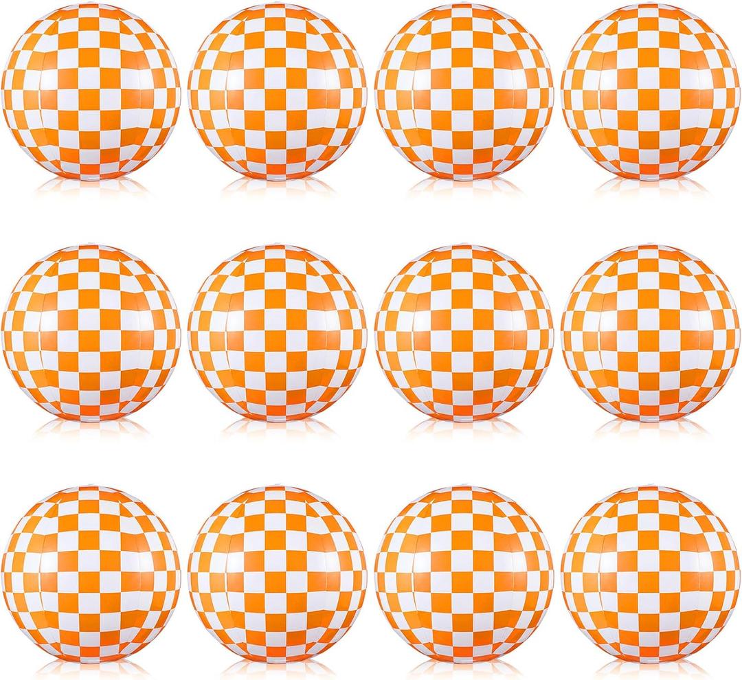 FairySandy 12 Pack Beach Balls, 12 Inch Orange and White Checkered Themed Beach Balls Bulk Inflatable Large Floating Ball for Summer Swimming Pool Activities Game Gift Birthday Party Supplies