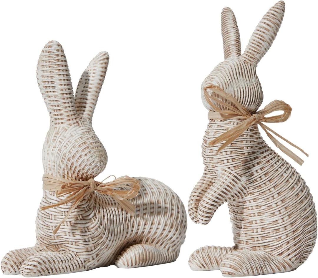 DN DECONATION Easter Decorations Bunny Figurines Set, Rattan Effect Resin Beige Bunnies Standing & Lying with Bow, Farmhouse Spring Tabletop Decor for Mantel Shelf Office Home Gift