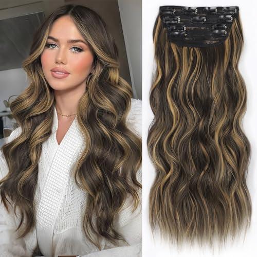 ALXNAN Clip in Long Wavy Synthetic Hair Extension 24 Inch Black&Dark mix light brown 4PCS Thick Hairpieces Fiber Double Weft Hair for Women