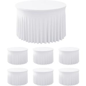 HolidayIdeas 6 Pack Spandex Table Skirt for 60 Inch Round Tables, White Fitted Stretch Tablecloth for 5 Ft Wedding Tables, Wrinkle Resistant Ruffle Design for Banquets, Baby Showers, Parties
