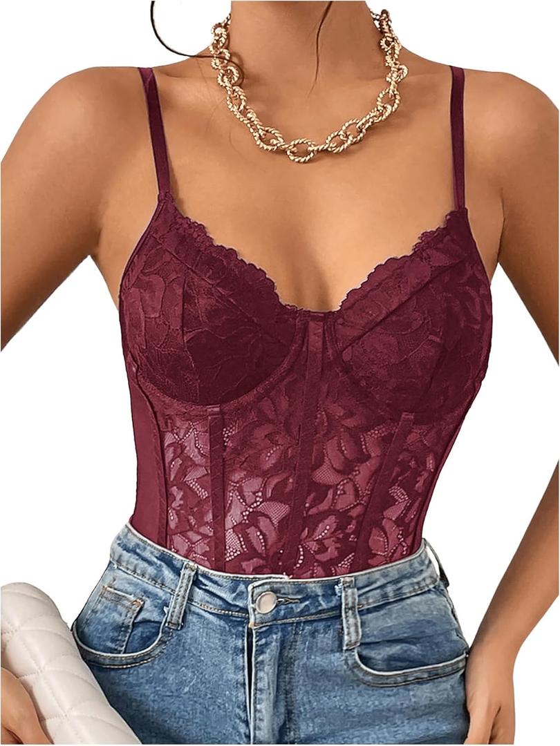 Milumia Women's Sexy Floral Lace Sheer Mesh Corset Bodysuit Spaghetti Strap Cami Tops Going Out (Large, Burgundy)