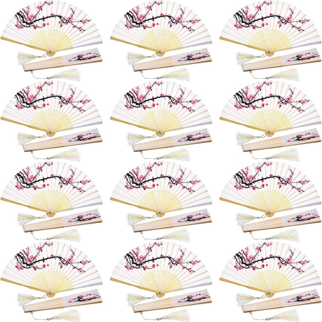 Chuangdi 12 Pcs Folding Hand Fans for Line Dancing Bulk Silk Fabric Popping Clapping Fans for Line Dancing on The Ground for Women Foldable Wedding Decoration Gifts(Cherry)