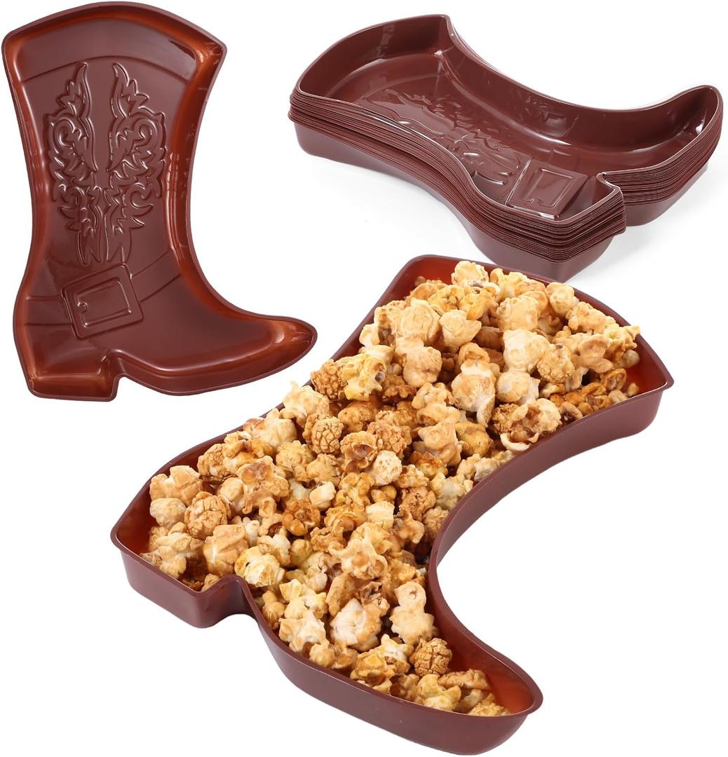Uiifan 24 Pcs Cowboy Boot Serving Trays, Western Party Decorations Disposable Western Party Supplies Plastic Cowgirl Boot Plates for Snacks(Brown)