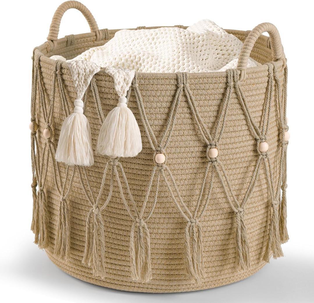 Blanket Basket for Living Room Decor Storage Basket for Toy Organizer Boho Decor Baskets for Modern Farmhouse Decor Small Laundry Basket for Bedroom and Laundry Room Organization,Beige