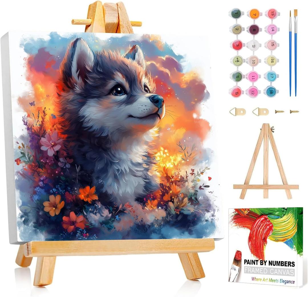 Reivworl Framed Paint by Numbers Kit for Adults Beginner & Kids Ages 8-12, Wolf Paint by Number with Easel, Painting by Numbers for Gifts and Home Decor (10X10Inch)