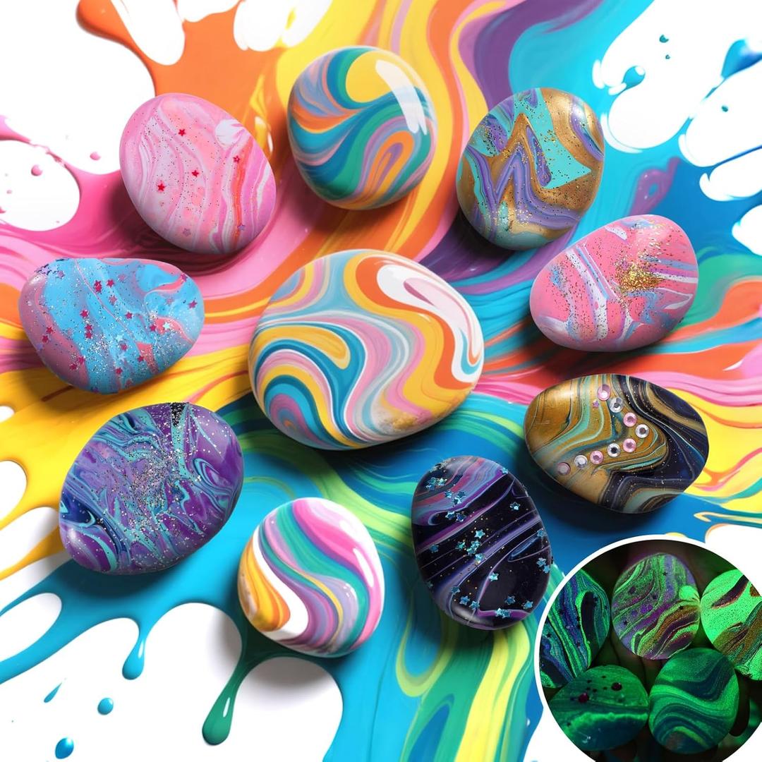 2 in 1 Rock Painting Art Kit - Glow in The Dark Pouring Rock Kit - Arts and Crafts for Kids Girls & Boys Ages 6-8, 8-12, Craft Paint Kits Creative Toys, Art Supplies Birthday Gift for Kids