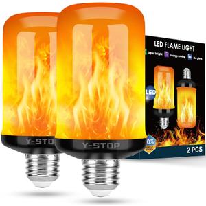 Y- STOP Upgraded LED Flame Light Bulbs, 4 Modes Flickering Light Bulb Outdoor with Upside Down Effect, E26 Base Flame Bulb for Christmas Decorations Outdoor, Halloween Lights, Party Decor (2 Pack)