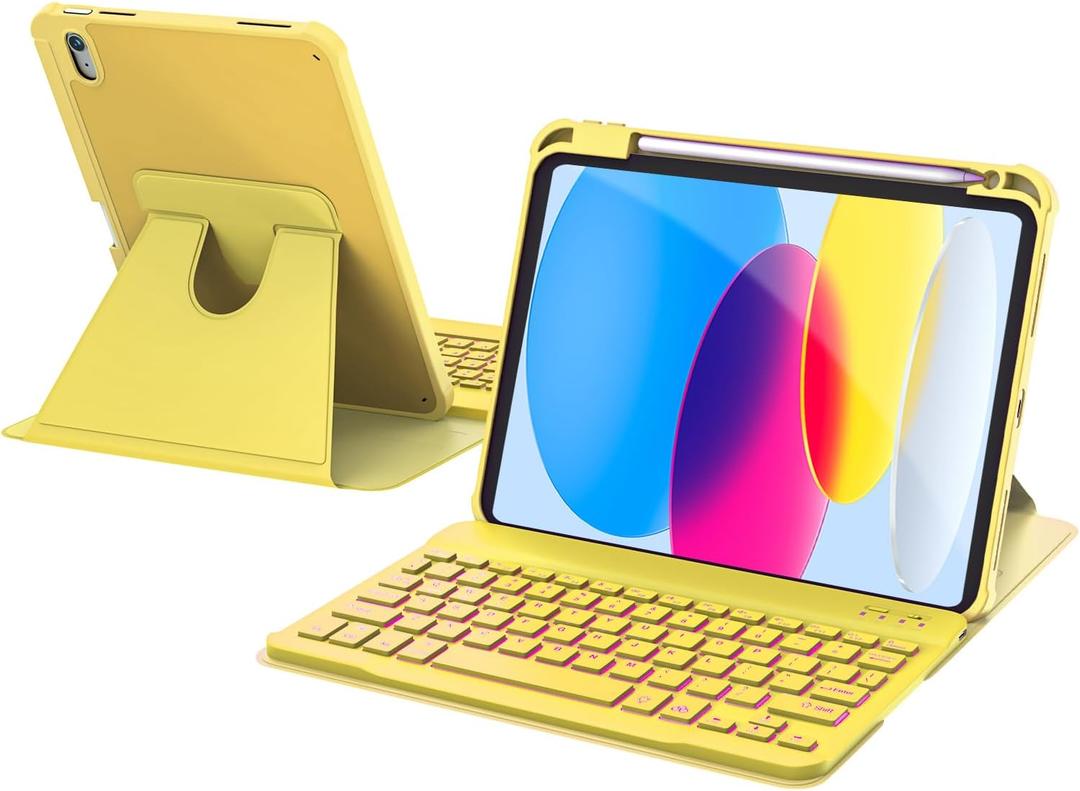 For iPad 11th(A16, 2025)/10th Generation Case with Keyboard, 360 Rotatable Case & Detachable Backlit Keyboard, Precision Cutouts and Pen Holder for iPad A16 11''/10th 10.9'', Yellow