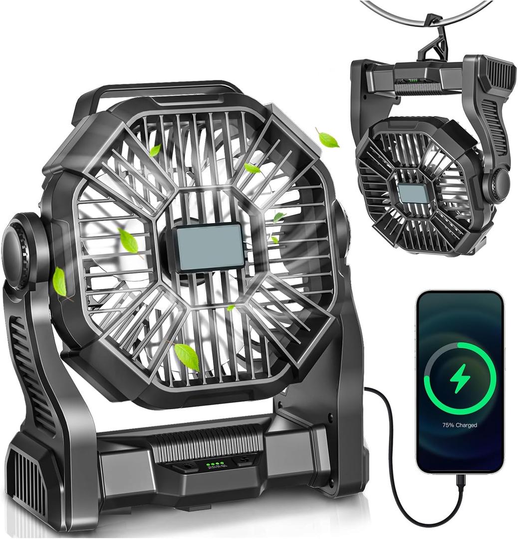 Portable Camping Fan, Rechargeable Battery Operated with LED Lights, Hanging Hook, 270Rotation, 20000mAh Battery Powered Fan for Beach, Office, Picnic, Fishing, Travel, Tent (Black)