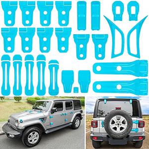 26PCS Full Set Exterior Decoration Trim Kit for Jeep Wrangler JL JLU 2018-2025 Door Hinge Handle Engine Hood Hinge Latch Wheel Eyebrow Side Air Outlet Rear Tailgate Window Hinge Cover (Light Blue)